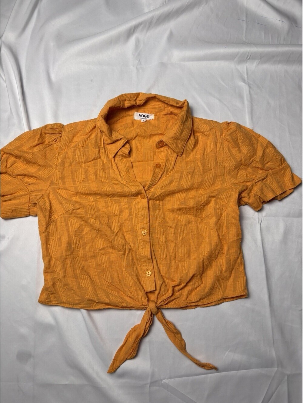 Voge Women's Mustard Yellow Short Sleeve Button-Up Crop Top